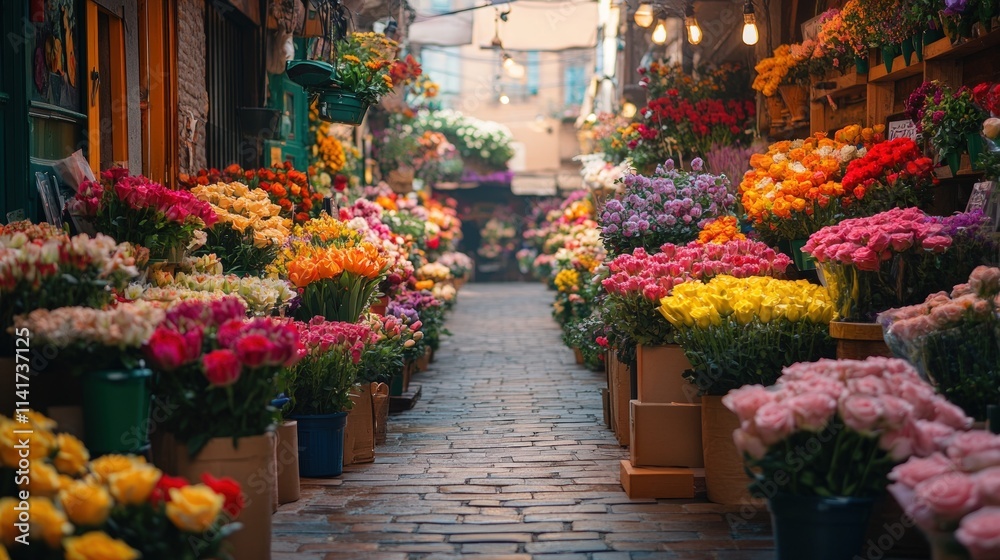 Naklejka premium Colorful flowers line a brick alleyway.