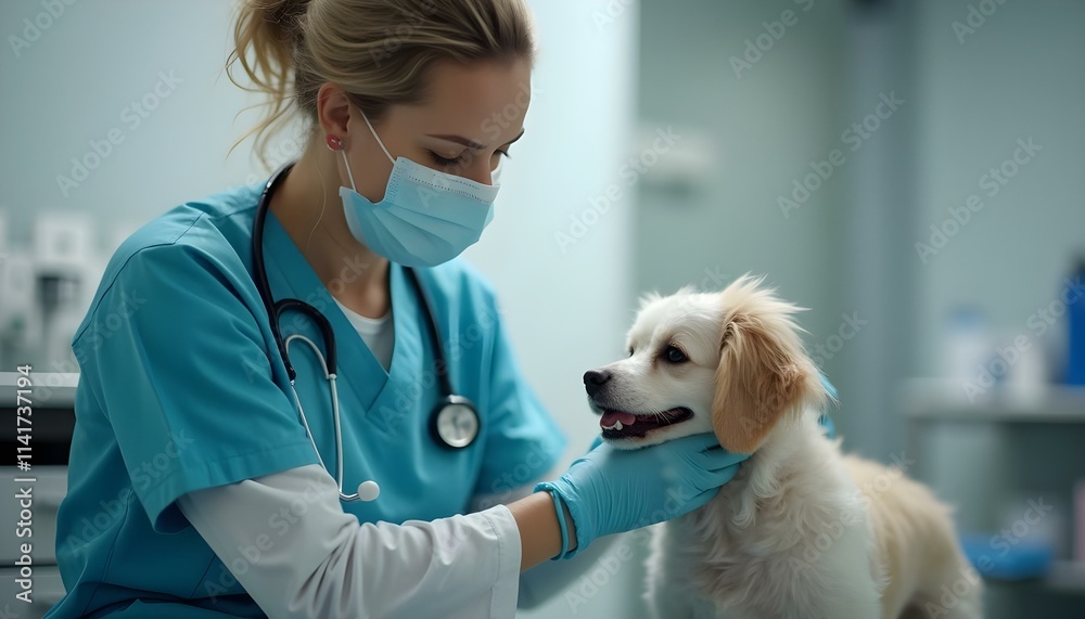 A close-up of a female veterinarian examining a small dog in an animal clinic. Wearing a surgical mask, gloves, and a stethoscope, she gently checks the dog’s heart rate in a clean, modern clinic A close-up of a female veterinarian examining a small dog in an animal clinic. Wearing a surgical mask, gloves, and a stethoscope, she gently checks the dog’s heart rate in a clean, modern clinic