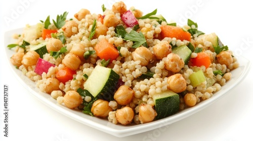 Colorful Chickpea and Vegetable Salad with Couscous, Fresh Herbs, and a Light Dressing Ideal for Healthy Meal Prep and Culinary Inspiration