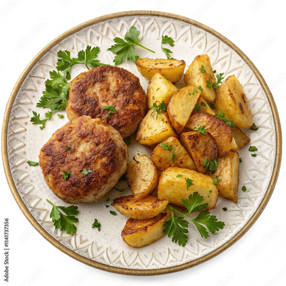 Juicy cutlets with potatoes on a nice, round plate, decorated with parsley greens. Juicy cutlets with potatoes on a nice, round plate, decorated with parsley greens.