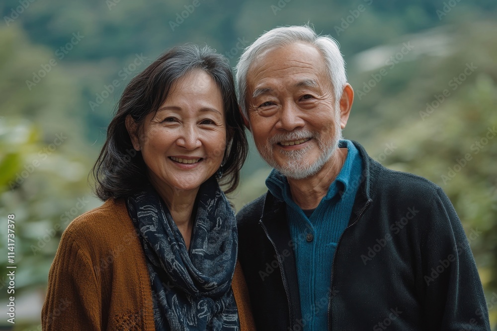 Healthy asian senior couple smiling with happiness, Generative AI Healthy asian senior couple smiling with happiness, Generative AI