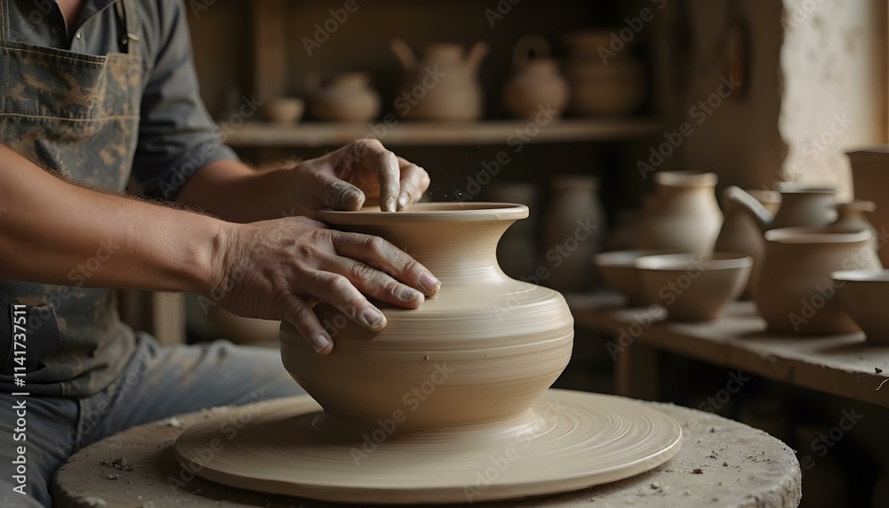 A potter shaping a ceramic vase on a spinning wheel in a rustic workshop, with hands covered in wet clay and shelves of handmade pottery in the background A potter shaping a ceramic vase on a spinning wheel in a rustic workshop, with hands covered in wet clay and shelves of handmade pottery in the background