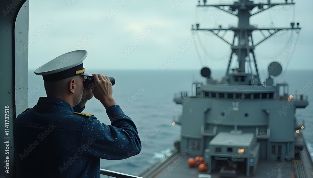 A navy officer aboard a warship, scanning the horizon through binoculars. The vast ocean surrounds the ship, with military equipment and radar systems visible in the background. A navy officer aboard a warship, scanning the horizon through binoculars. The vast ocean surrounds the ship, with military equipment and radar systems visible in the background.