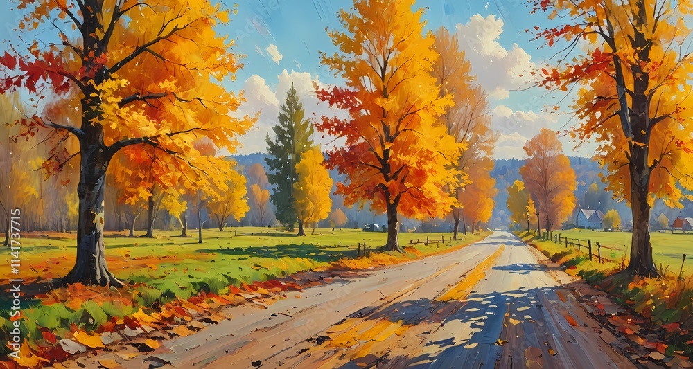 Fototapeta premium A dirt road through a forest. autumn leaves on the ground. beautiful sky in the background.