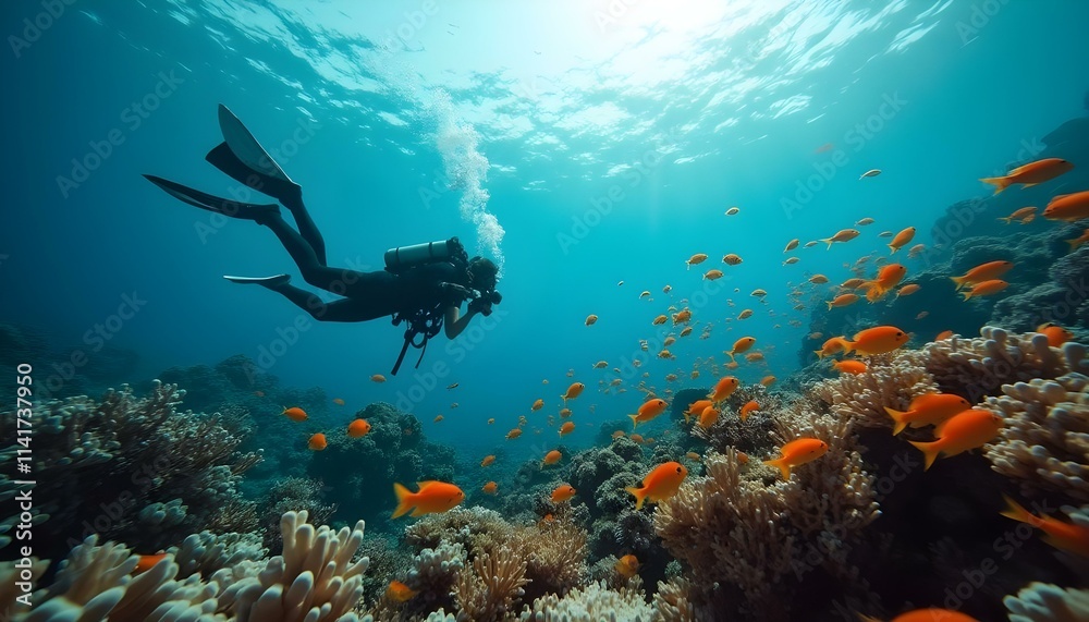 Fototapeta premium A diver swimming among fish, taking photos of underwater plants and animals, surrounded by vibrant marine life in clear blue water.