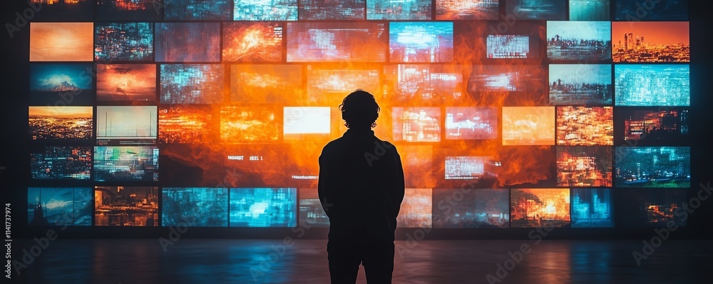 Person in silhouette staring at a wall of newsfilled screens Person in silhouette staring at a wall of newsfilled screens
