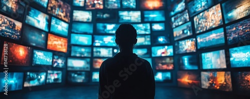 Person silhouetted against a wall of screens, representing media saturation and news overload, bright glowing digital screens, chaotic information flow, modern technology influence photo