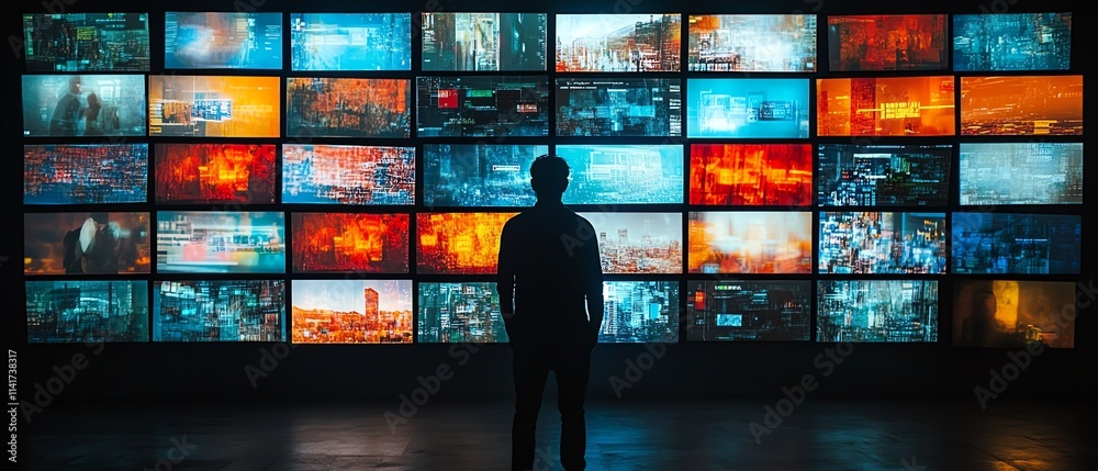 Silhouette of a human figure confronting a wall of screens Silhouette of a human figure confronting a wall of screens