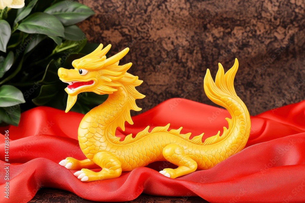 Fototapeta premium Chinese New Year symbolic gifts concept. A vibrant yellow dragon figurine rests on red fabric, surrounded by lush green leaves, creating a striking visual contrast.