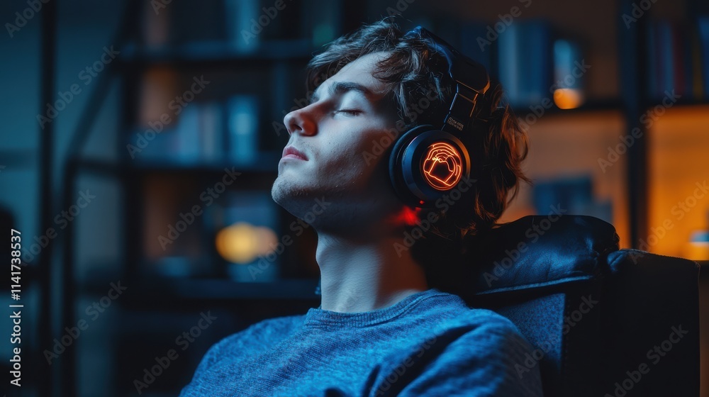 Immersed in music, a young man relaxes in an inviting space, his headphones glowing softly as he enjoys a moment of peace amidst the shelves of books Immersed in music, a young man relaxes in an inviting space, his headphones glowing softly as he enjoys a moment of peace amidst the shelves of books