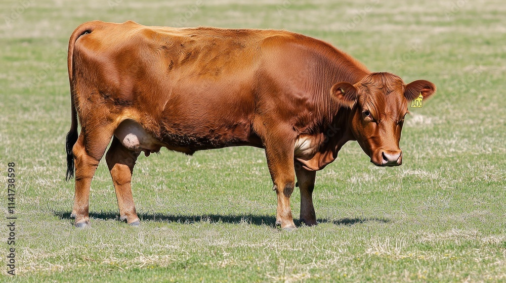 A brown cow stands on green grass in a pasture, showcasing rural life and agriculture. A brown cow stands on green grass in a pasture, showcasing rural life and agriculture.