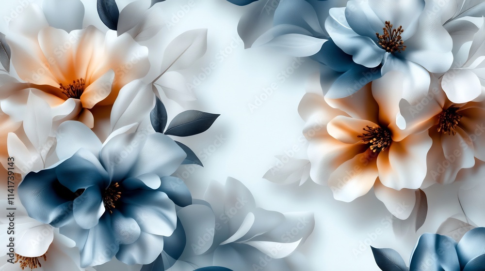3D illustration of light blue and beige flowers on a white background. 3D illustration of light blue and beige flowers on a white background.