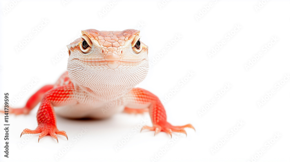 Naklejka premium A full-body studio shot of a small red and white lizard against a clean white background.