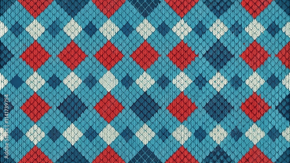 Seamless Knitted Pattern with Red, Blue, and White Diamond Shapes Seamless Knitted Pattern with Red, Blue, and White Diamond Shapes