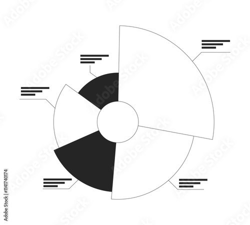 Circular pie chart with labeled segments black and white 2D line object. Sectors analysis visualization. Corporate piechart infographic isolated clip art vector outline. Monochrome spot illustration