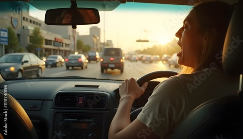 A frustrated driver yelling inside a car stuck in traffic, with the midday sun casting long shadows on a bustling street, reflecting the heat and tension of the situation. photo