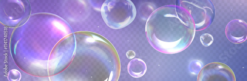 Floating transparent spheres with prismatic reflections. Multiple soap bubbles with iridescent colors and luminous highlights. Banner with 3d glass orbs design background. Holographic irregular balls.