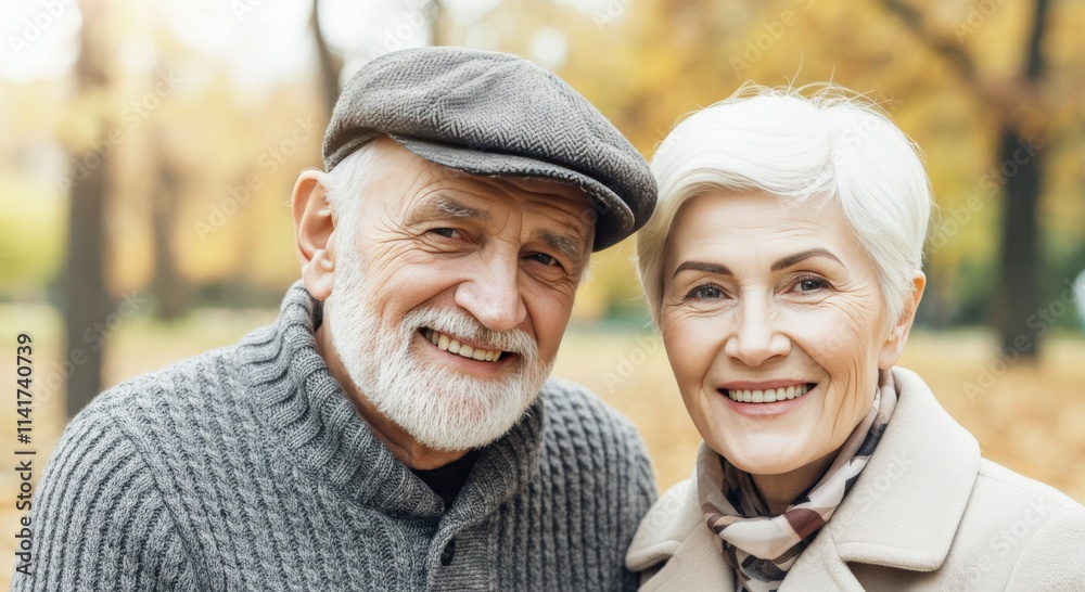 Happy senior caucasian couple in autumn park smiling together Happy senior caucasian couple in autumn park smiling together