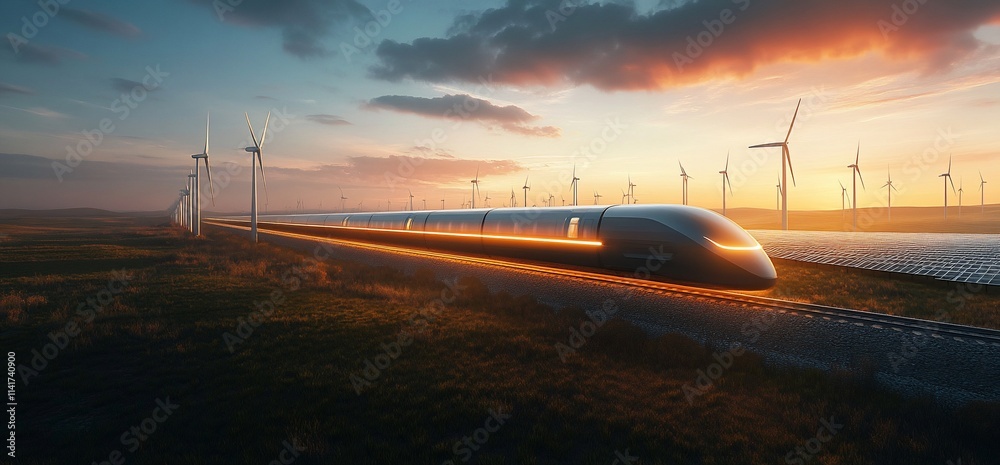 Fototapeta premium A futuristic train travels through a landscape with wind turbines at sunset.