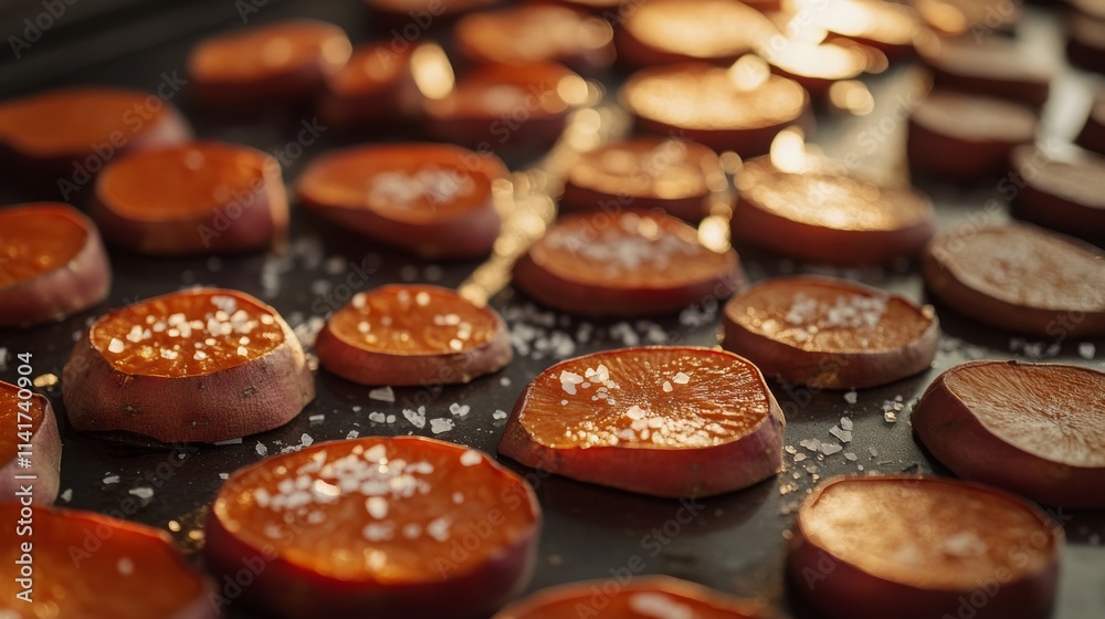 Close-Up of Sliced Sweet Potatoes on a Baking Sheet with Sea Salt, Perfect for Healthy Snacking or Meal Prep Inspiration in a Cozy Kitchen Setting Close-Up of Sliced Sweet Potatoes on a Baking Sheet with Sea Salt, Perfect for Healthy Snacking or Meal Prep Inspiration in a Cozy Kitchen Setting