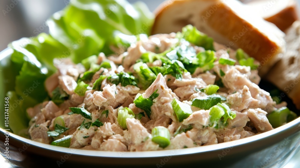 Fresh and Healthy Chicken Salad with Greens and Herbs Served in a Bowl Alongside Slices of Bread, Ideal for Light Lunch or Appetizer Dishes Fresh and Healthy Chicken Salad with Greens and Herbs Served in a Bowl Alongside Slices of Bread, Ideal for Light Lunch or Appetizer Dishes