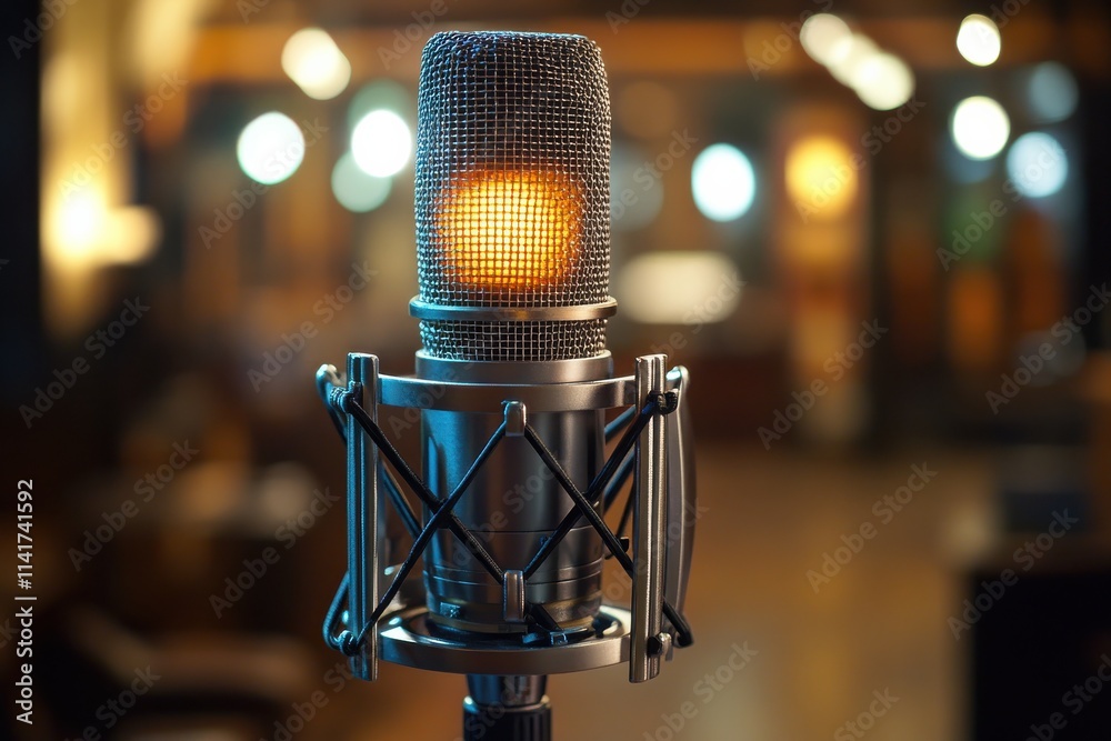 Professional Quality Image of a Lit Up Microphone on a Stand at a Live Event Professional Quality Image of a Lit Up Microphone on a Stand at a Live Event