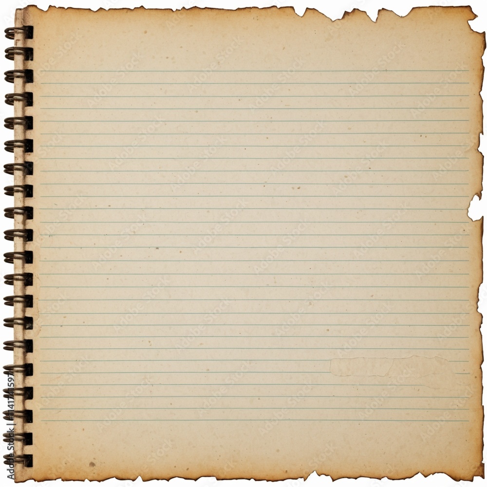 Obraz premium Torn vintage lined notebook paper with distressed edges and a textured surface, perfect for scrapbooking, background designs, or creative projects. Isolated on white background