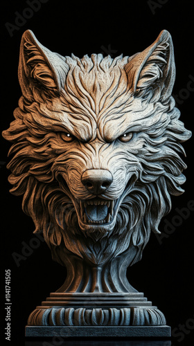 Sculpture of wolf head on black background. photo