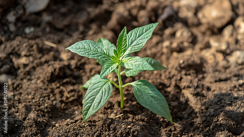 Wallpaper Mural Pepper seedling in soil: A vibrant green pepper plant sprout emerges from dark, rich soil, showcasing the promise of growth and abundance.   Torontodigital.ca