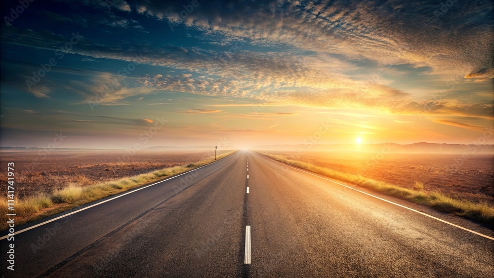 Asphalt road stretching towards a vibrant sunrise over a flat, grassy plain Asphalt road stretching towards a vibrant sunrise over a flat, grassy plain