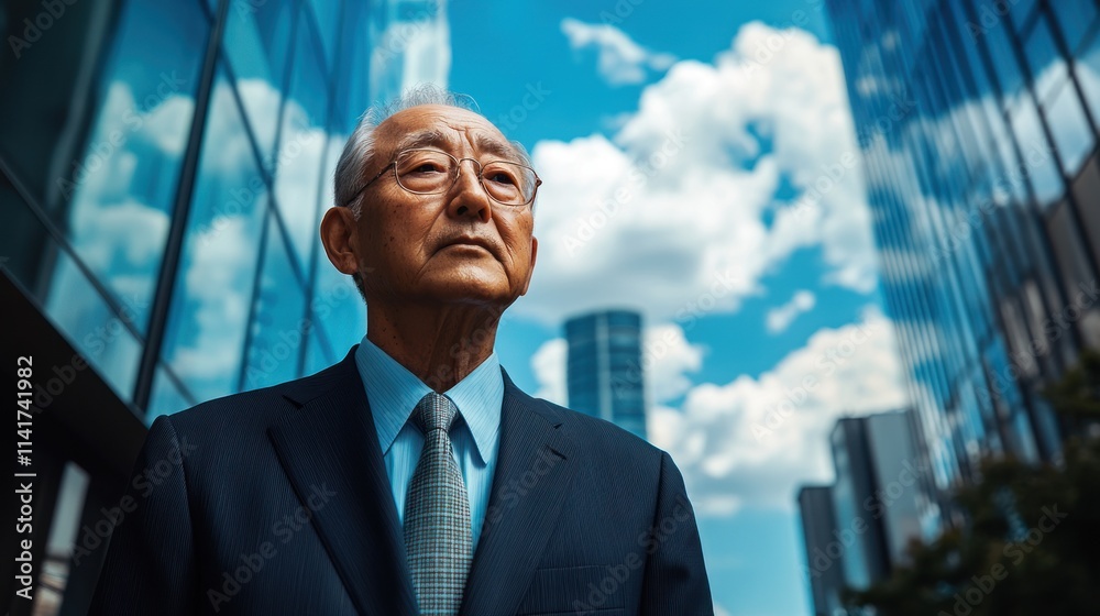 A dignified elderly Korean man in a business suit stands against the backdrop of a sleek, glass-covered skyscraper with clouds reflecting on its surface, while a futuristic skyline stretches behind . A dignified elderly Korean man in a business suit stands against the backdrop of a sleek, glass-covered skyscraper with clouds reflecting on its surface, while a futuristic skyline stretches behind .
