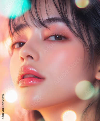 World-Class Portrait of a Beautiful Japanese Woman with Modern Makeup and Radiant Glow
