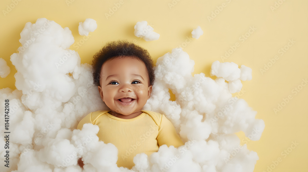 A happy smiling African American baby in the clouds, symbolizing innocence, joy, and purity, evoking feelings of warmth and happiness in a dreamy and ethereal setting.
A happy smiling African American baby in the clouds, symbolizing innocence, joy, and purity, evoking feelings of warmth and happiness in a dreamy and ethereal setting.