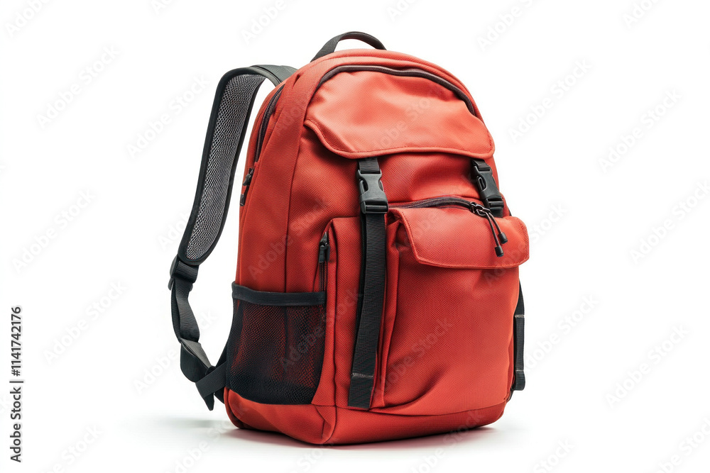 Fototapeta premium Red backpack with black straps and a black strap hanging off a wooden bench in a serene park setting.