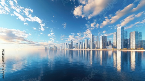 Fototapeta Naklejka Na Ścianę i Meble -  A city skyline featuring contemporary skyscrapers along a calm waterfront, under a vibrant blue sky with scattered clouds