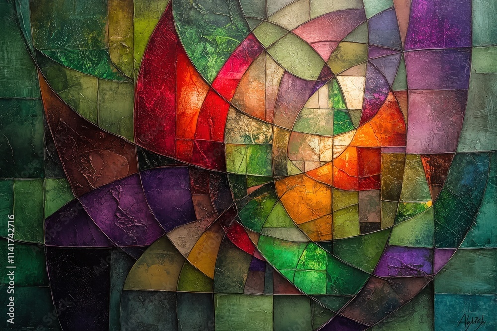 Fototapeta premium Abstract colorful mural with vibrant greens, reds, and purples, featuring a dynamic swirl pattern that evokes energy and creativity.