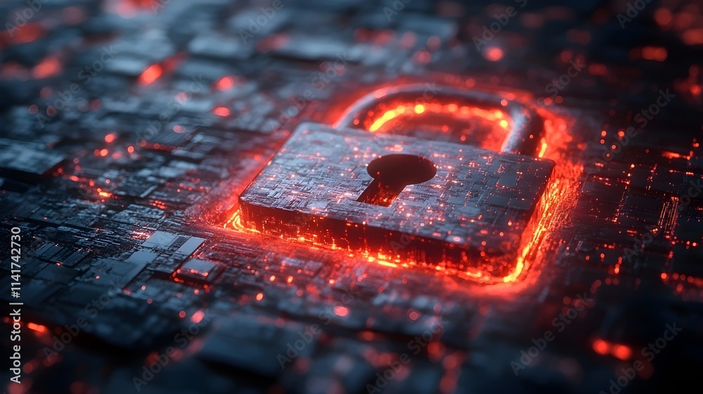 A red glowing lock on a black background A red glowing lock on a black background