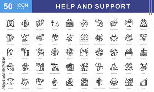 Help and support icon collection set. Containing assistance, service, aid, desk, guidance, relief, backing icon.