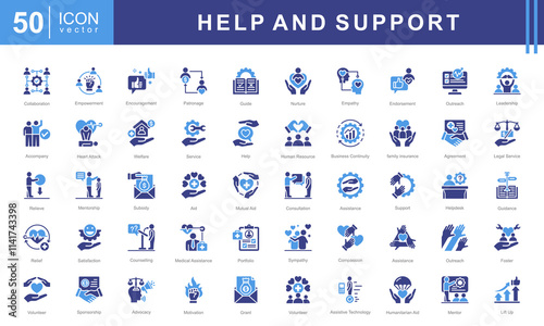 Help and support icon collection set. Containing assistance, service, aid, desk, guidance, relief, backing icon.