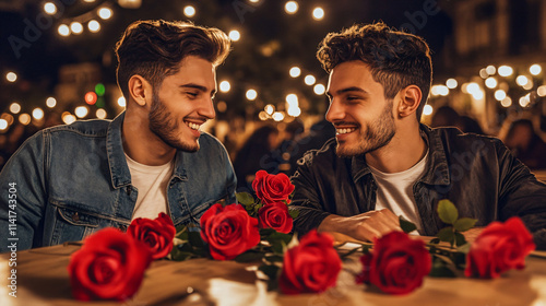 Two men sharing a romantic moment in a minimalist café with roses on the table, selective focus on the roses, copy space for text, ultra HD, 