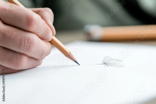 Close-up of hand drawing a butterfly with pencil on white paper