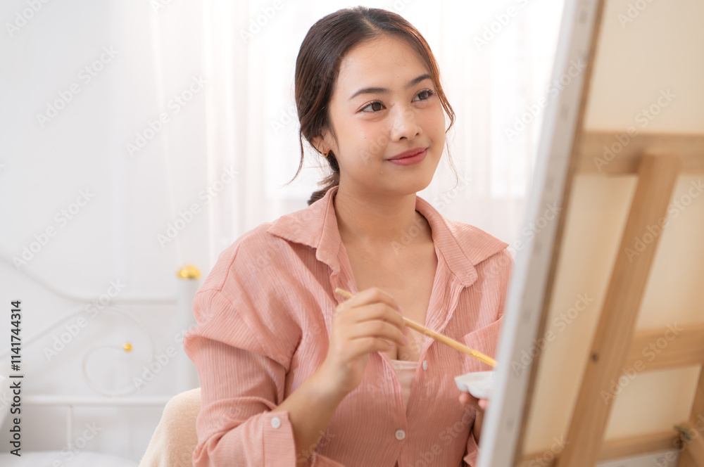 Asian young woman enjoying the happiness of painting Asian young woman enjoying the happiness of painting