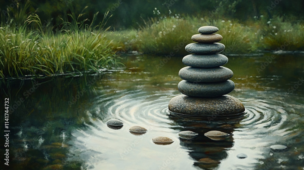 Serene stones stacked in calm water, nature background. Serene stones stacked in calm water, nature background.