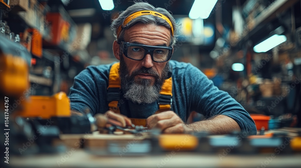 Focused mature craftsman in workshop. Focused mature craftsman in workshop.