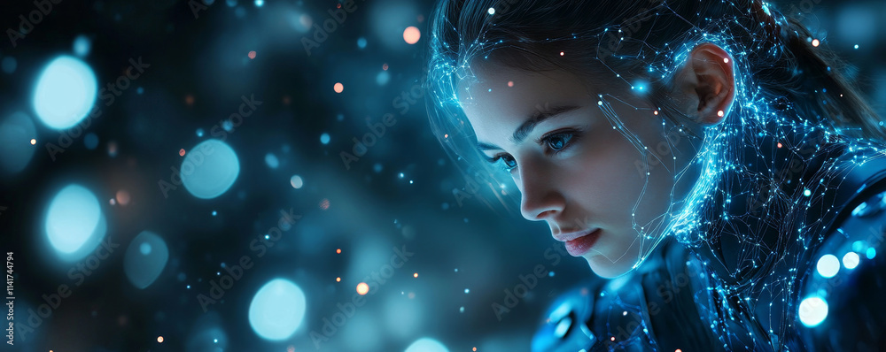 Empowered businesswoman in glowing armor futuristic city digital art nighttime resilience Empowered businesswoman in glowing armor futuristic city digital art nighttime resilience