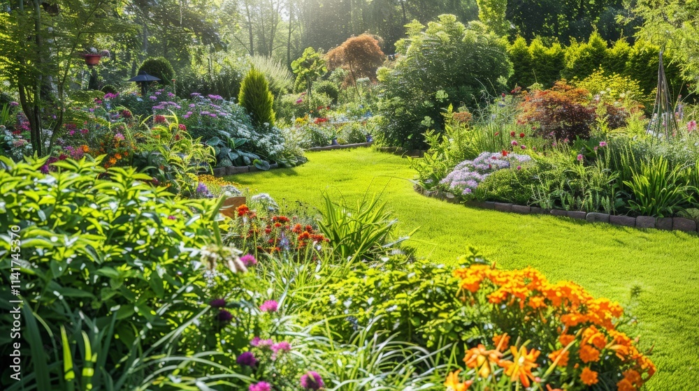 Obraz premium A vibrant summer garden filled with blooming flowers and lush greenery