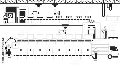 Automotive parts manufacturer black and white line illustration. Human workers monitoring industrial robots 2D characters monochrome background. Robotics factory production lines outline vector image