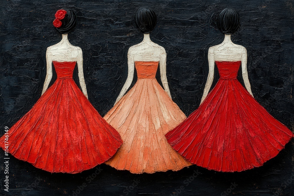 Obraz premium Three stylistic figures in vibrant red and peach dresses, each showcasing unique textures against a contrasting dark background.
