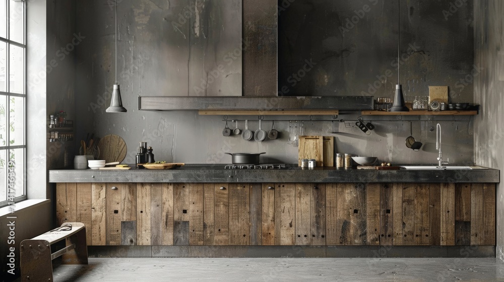 A Wabi-Sabi inspired kitchen with weathered wooden cabinets and simple, functional design A Wabi-Sabi inspired kitchen with weathered wooden cabinets and simple, functional design