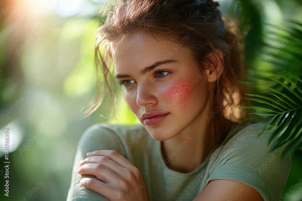 young woman scratching on her arm and has a red rash irritation on her skin from dust intolerance, Generative AI young woman scratching on her arm and has a red rash irritation on her skin from dust intolerance, Generative AI